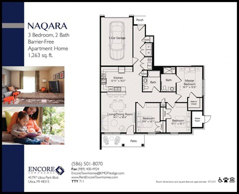 Floor plan for 3 beds, 2 baths, 1263 sqft